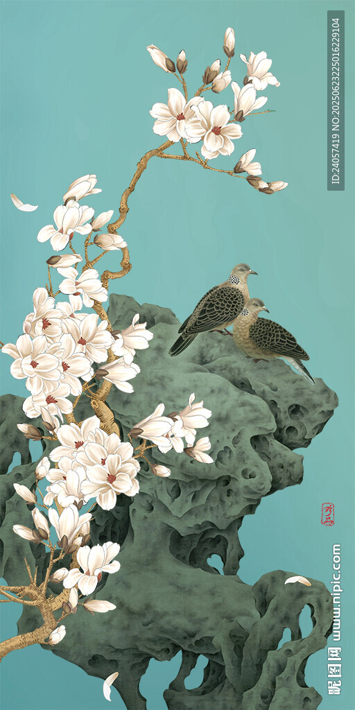 新中式玉兰工笔花鸟玄关装饰画