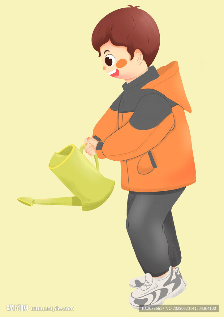 男孩手持喷壶浇水