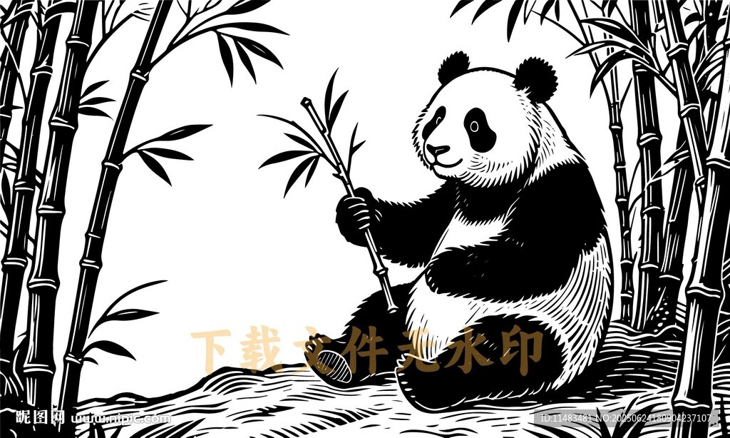 熊猫竹子元素线描剪影