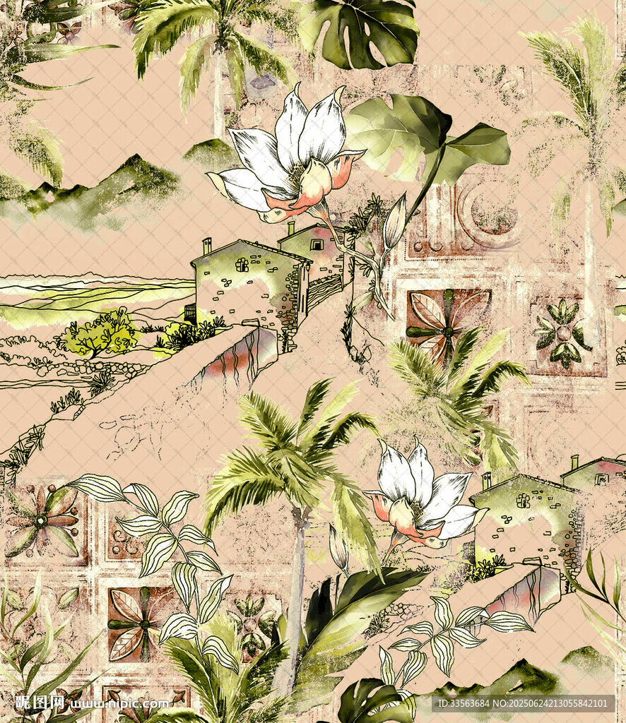 热带风情花卉植物图案