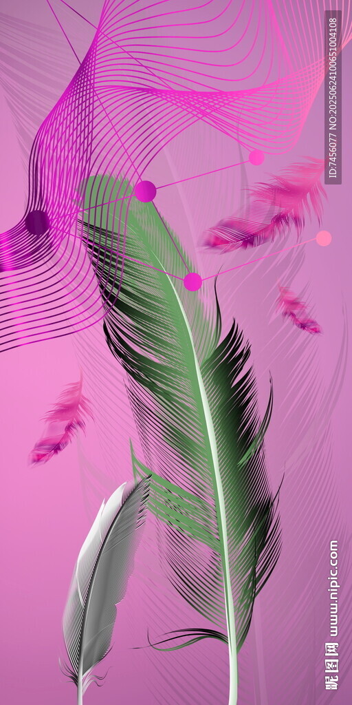 梦幻粉紫背景中的绿羽玄关装饰画