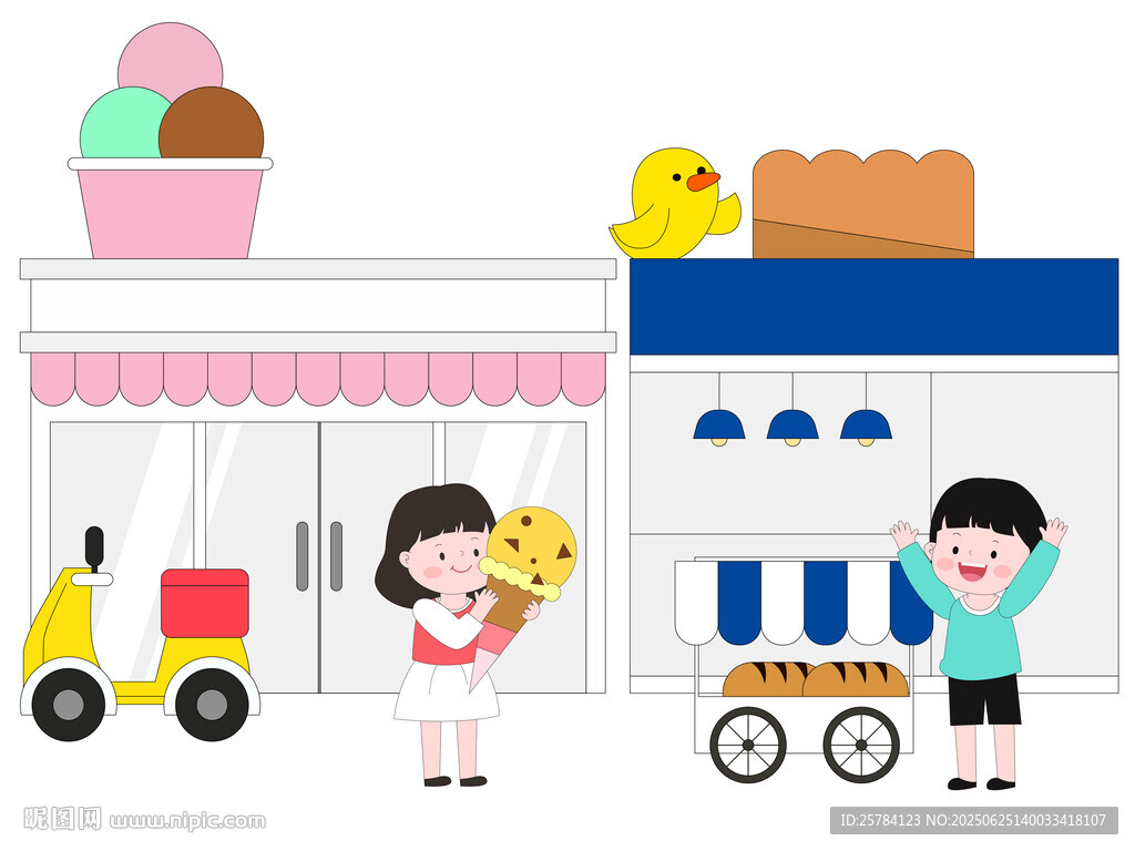 冰淇淋店面包店孩子吃冰淇淋插画