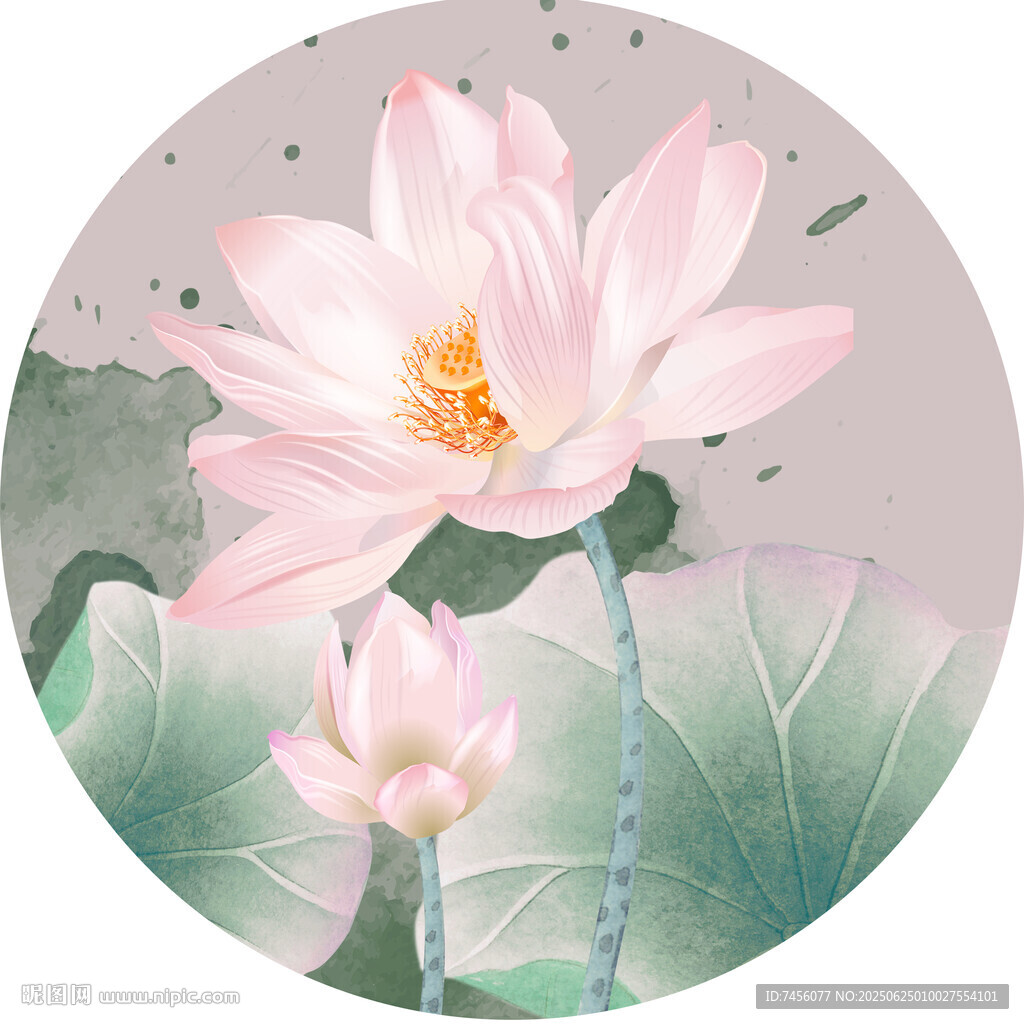 水墨风粉色荷花图圆形装饰画