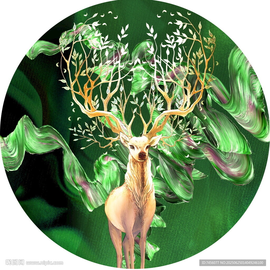 梦幻森林中的鹿与绿植圆形装饰画
