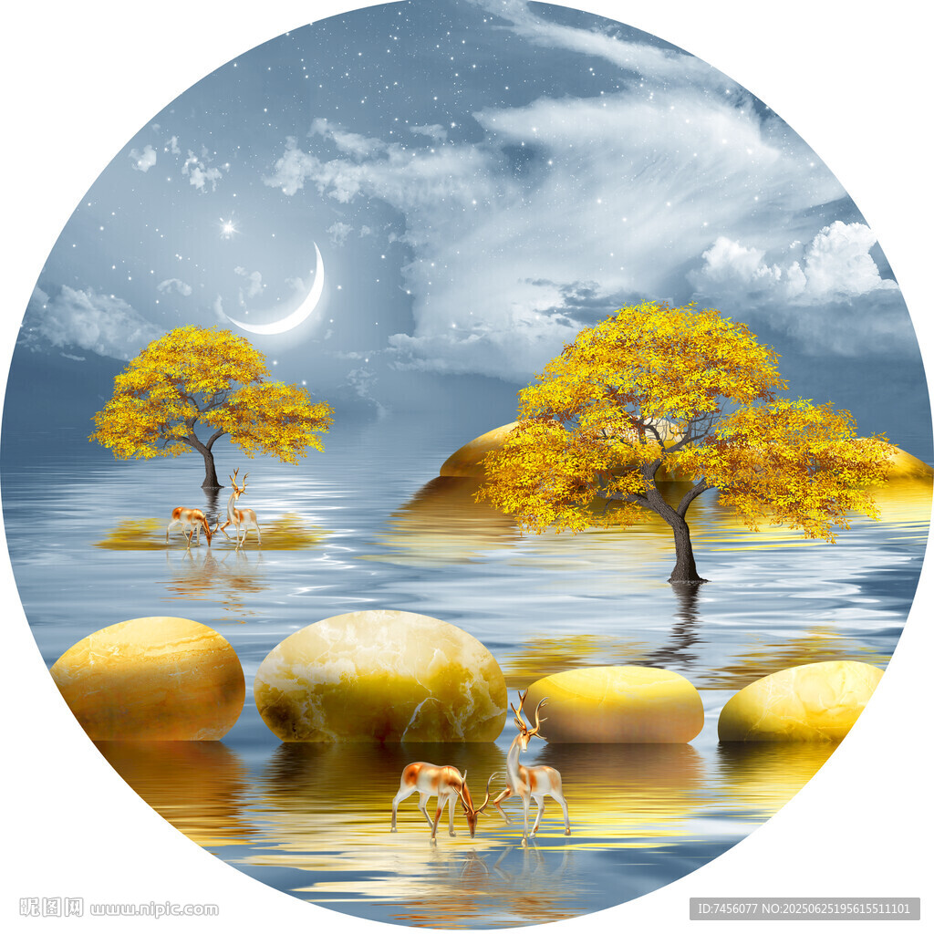 月夜湖畔金树静谧美景圆形装饰画