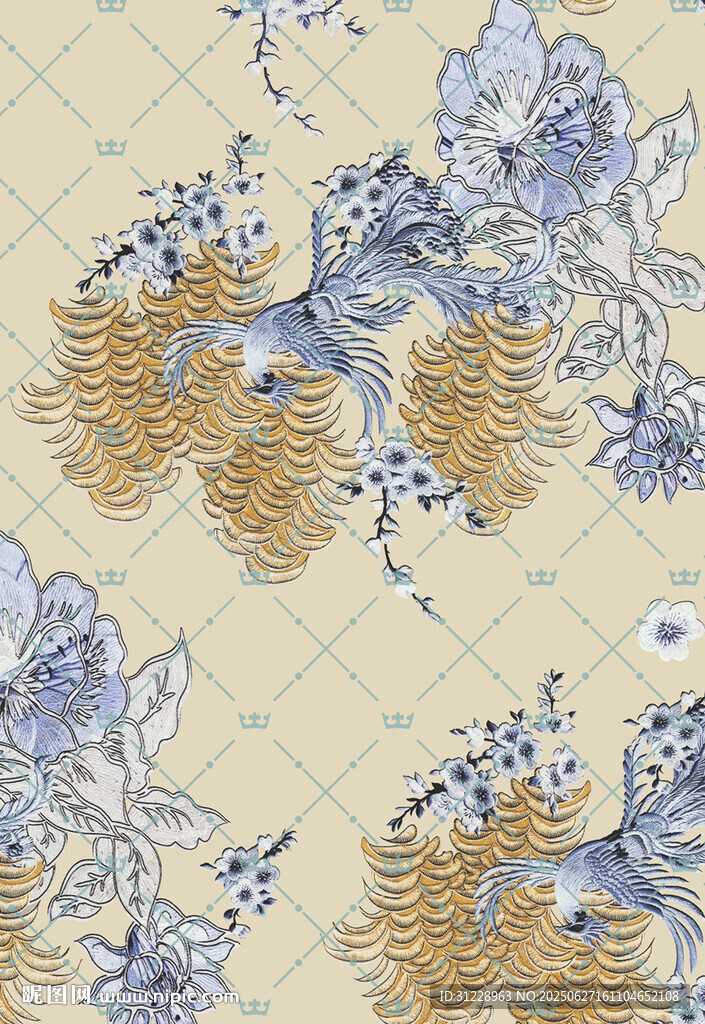 提花数码蓝黄花卉图案背景