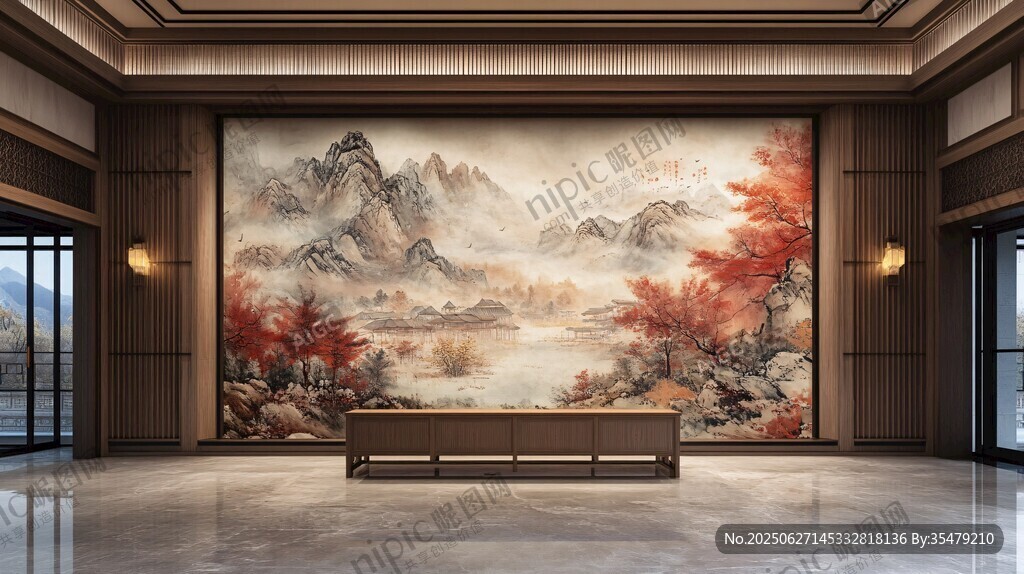 中式大厅山水壁画装饰
