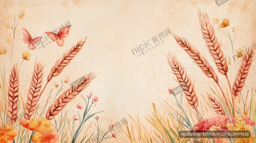 田园花卉麦穗蝴蝶水彩画