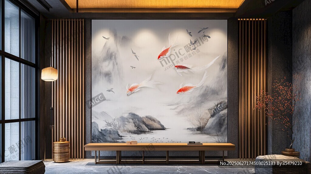 中式客厅 水墨锦鲤壁画装饰
