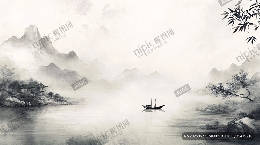 水墨山水孤舟图