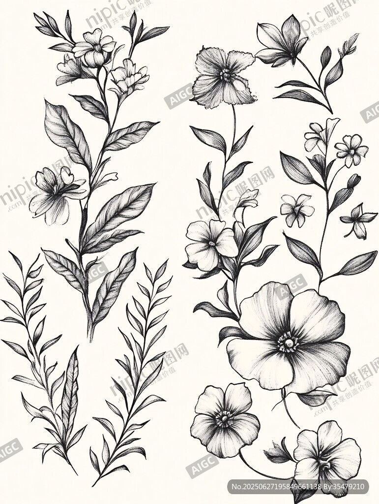 手绘花卉植物线条插画