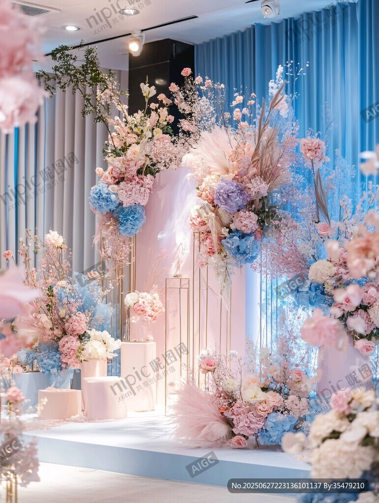 梦幻粉蓝系浪漫婚礼布景
