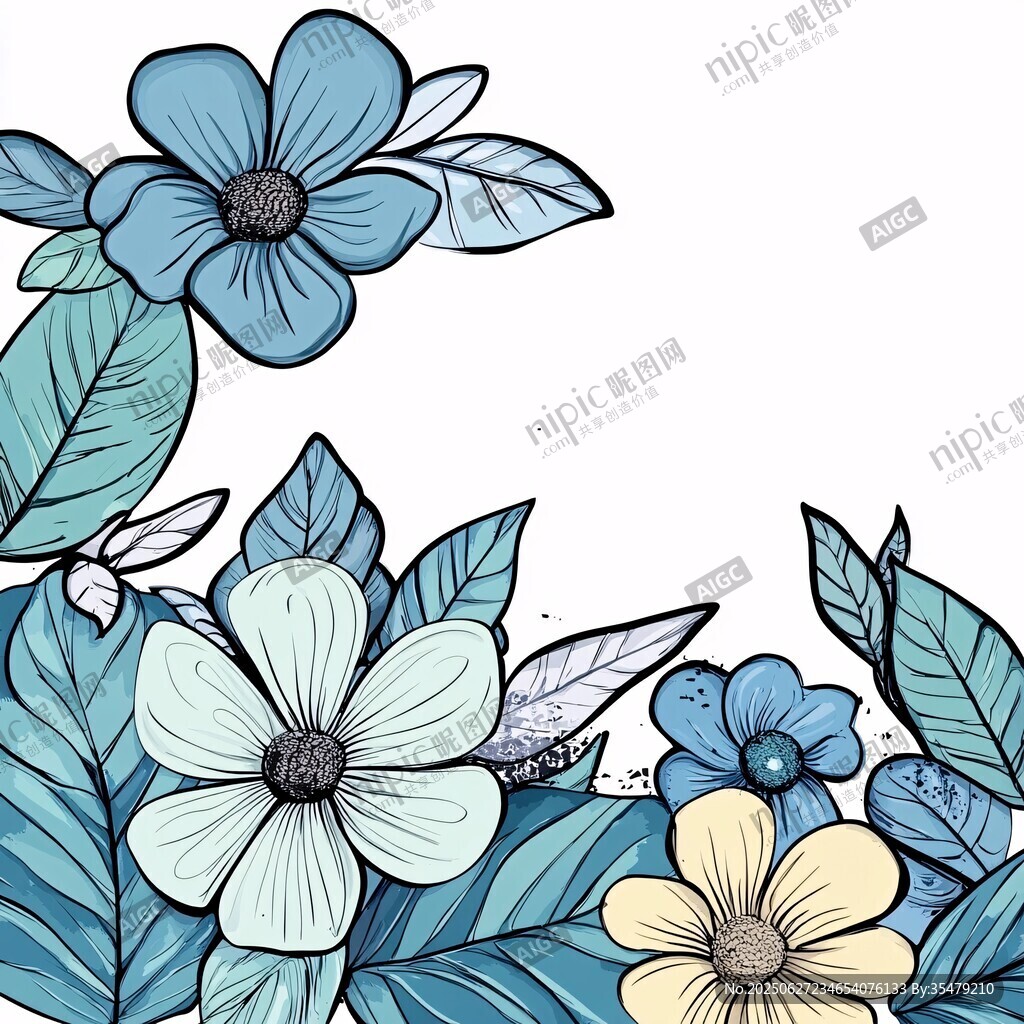 蓝绿色系手绘花卉装饰图