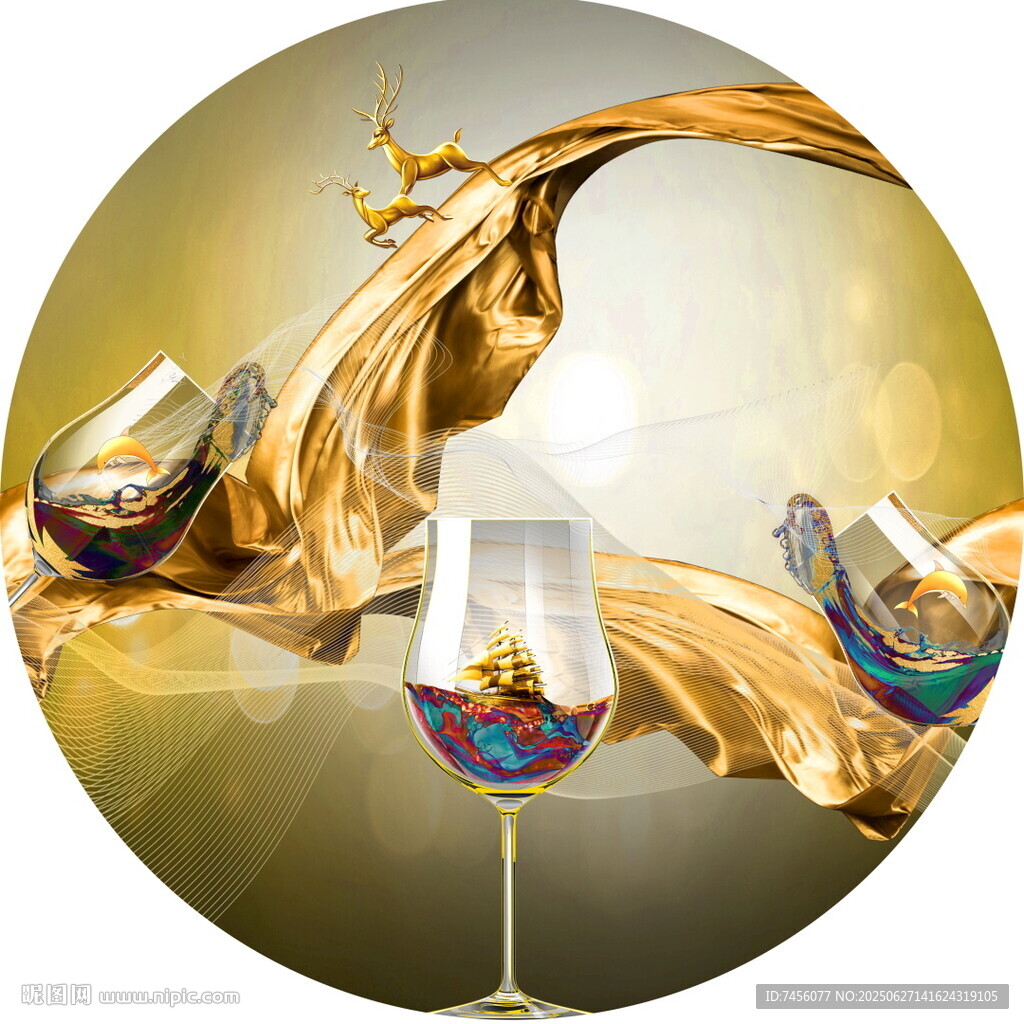 金色美酒倾入华丽酒杯圆形装饰画
