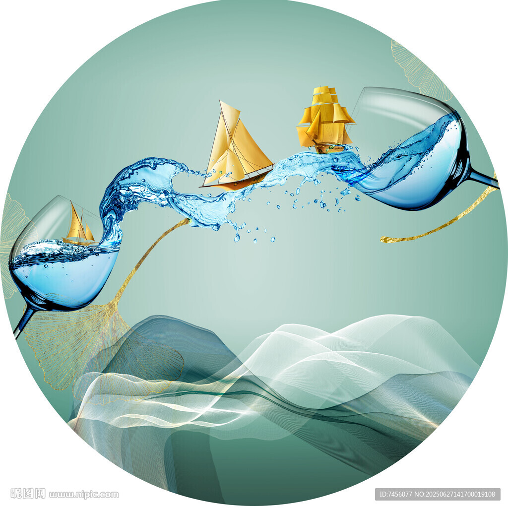 海上帆船抽象艺术圆形装饰画