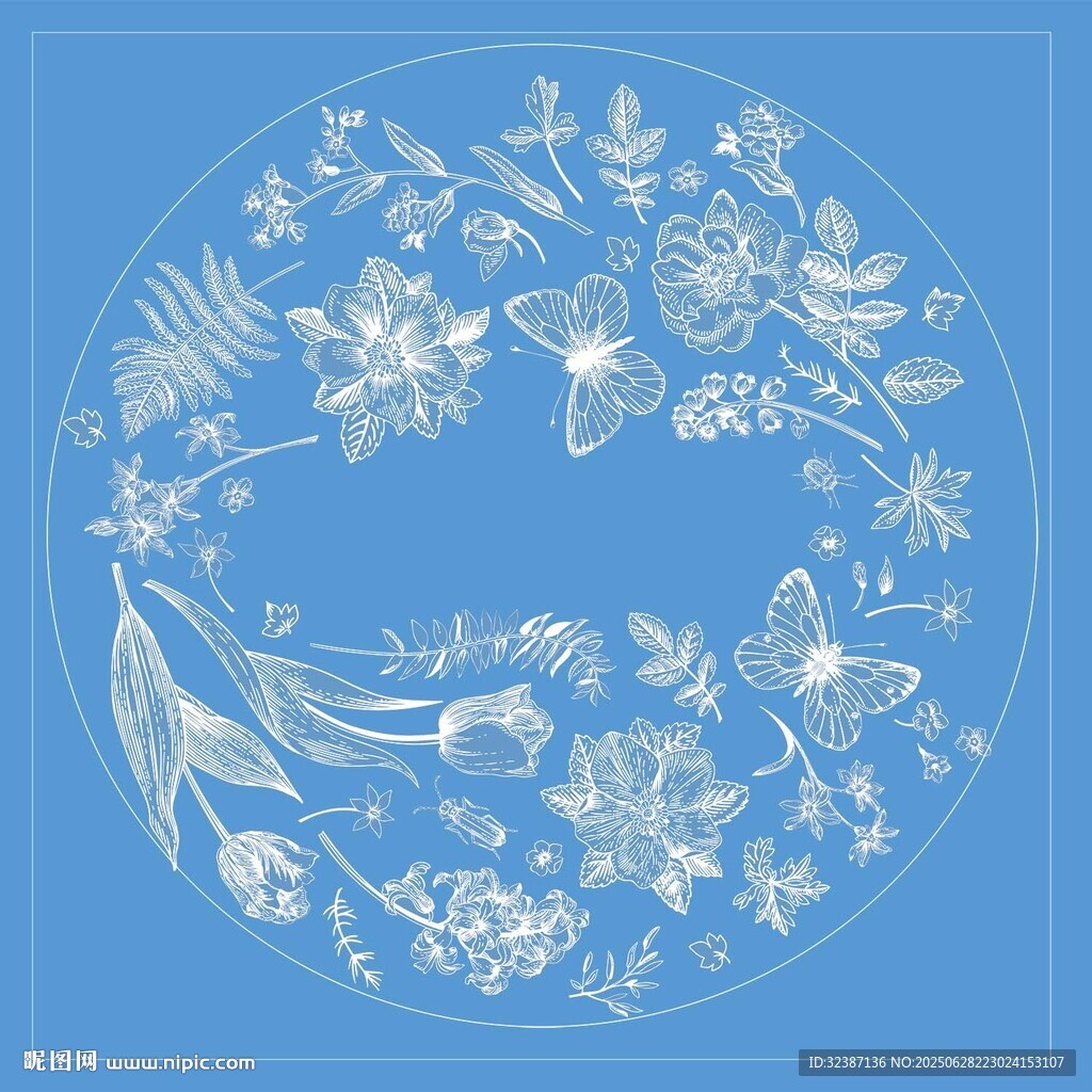 蓝色圆形花卉蝴蝶装饰图案