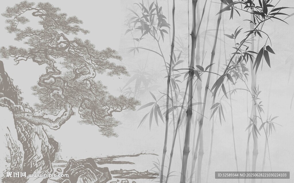 水墨竹林山水图