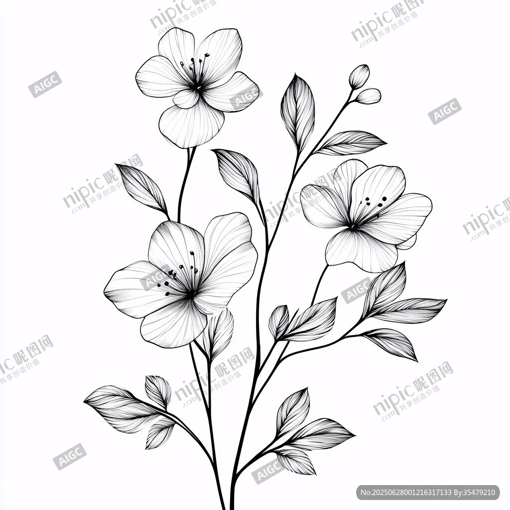 黑白花卉插画 线条优美