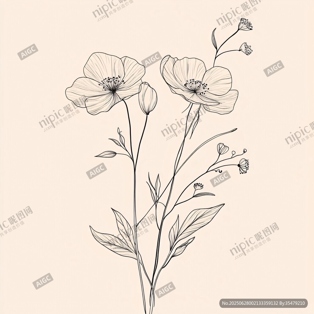 手绘线条花卉插画