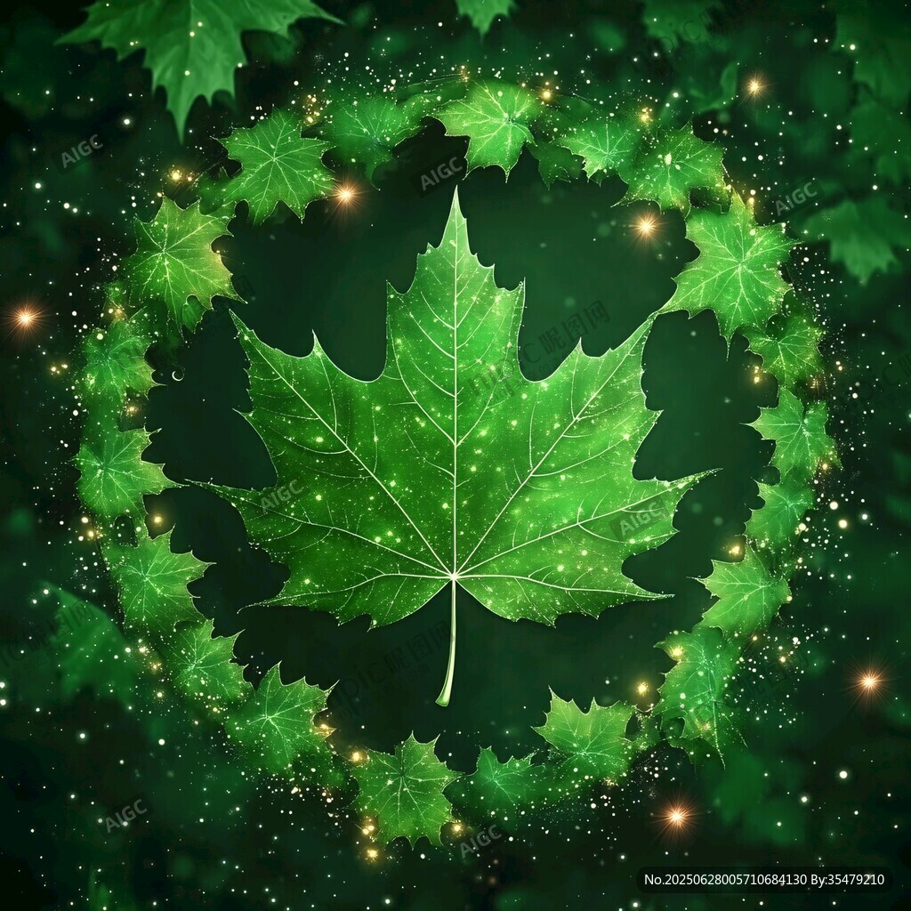 梦幻绿枫叶与星光环绕图景