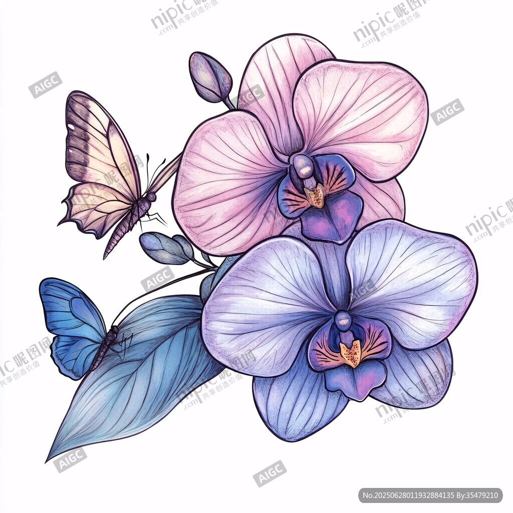 蝴蝶伴兰花插画图案