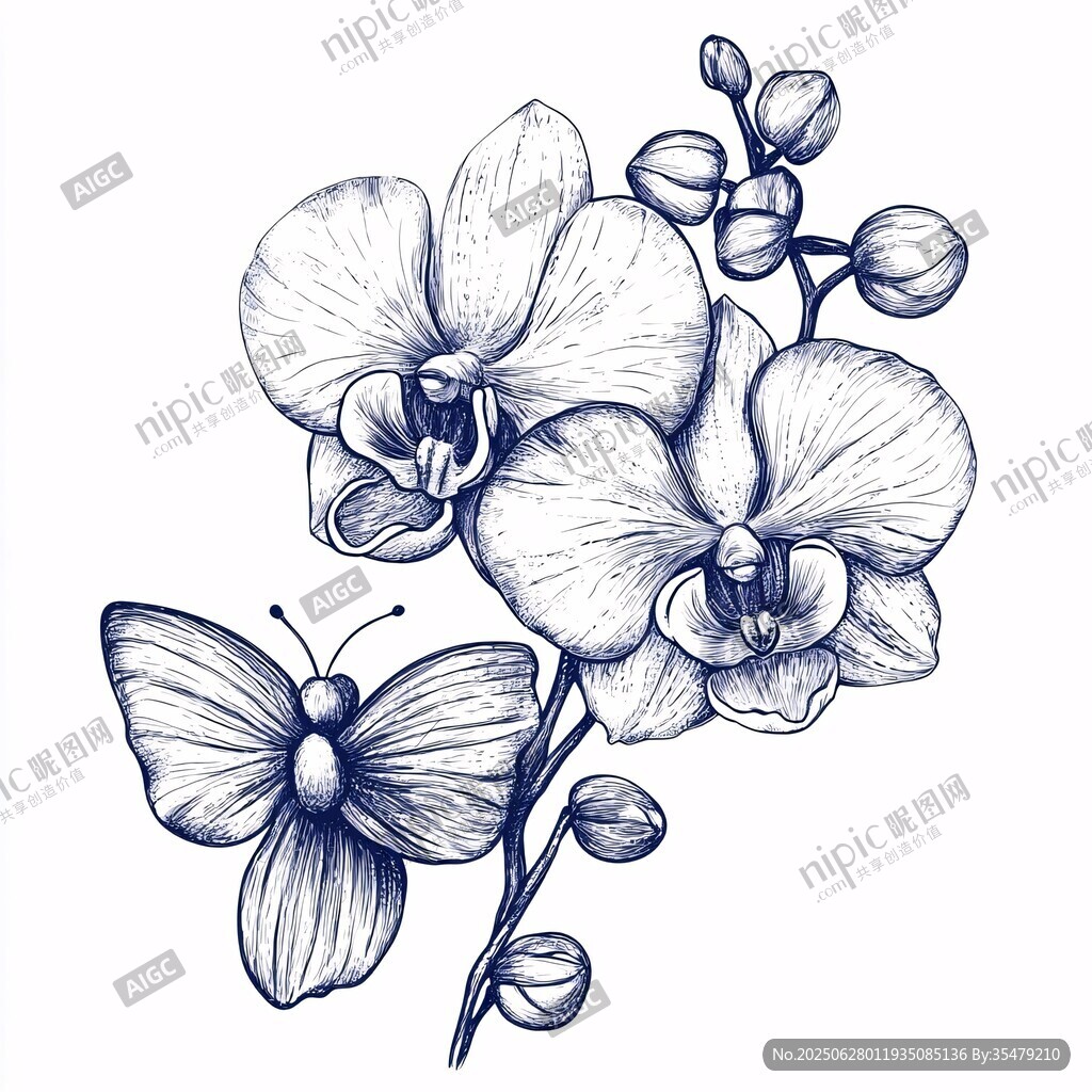 手绘兰花与蝴蝶花卉图案