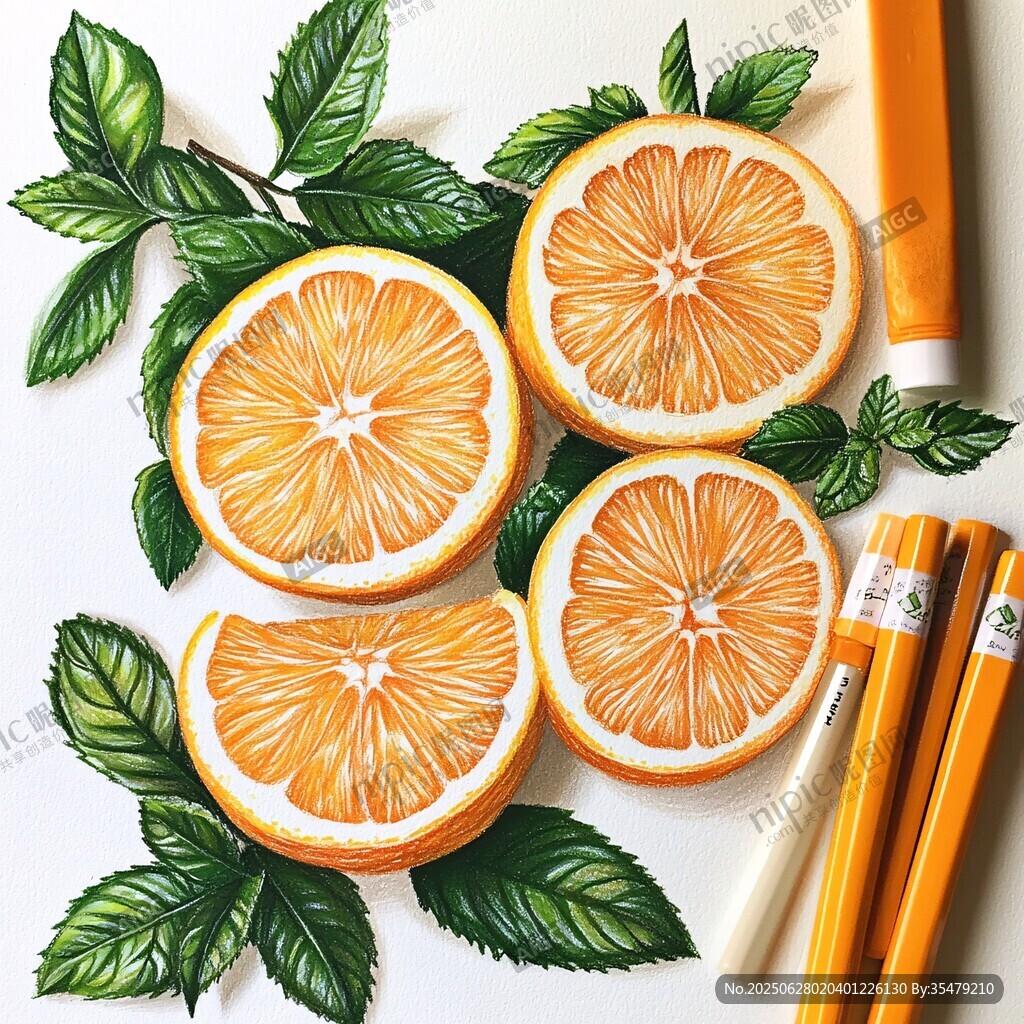 手绘鲜橙与绿叶彩铅画