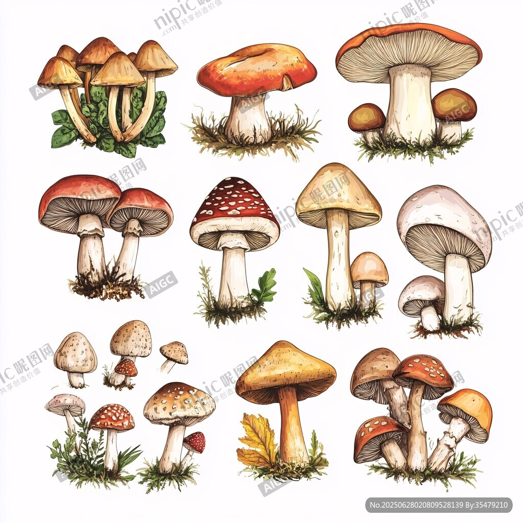 多样手绘蘑菇插画集合