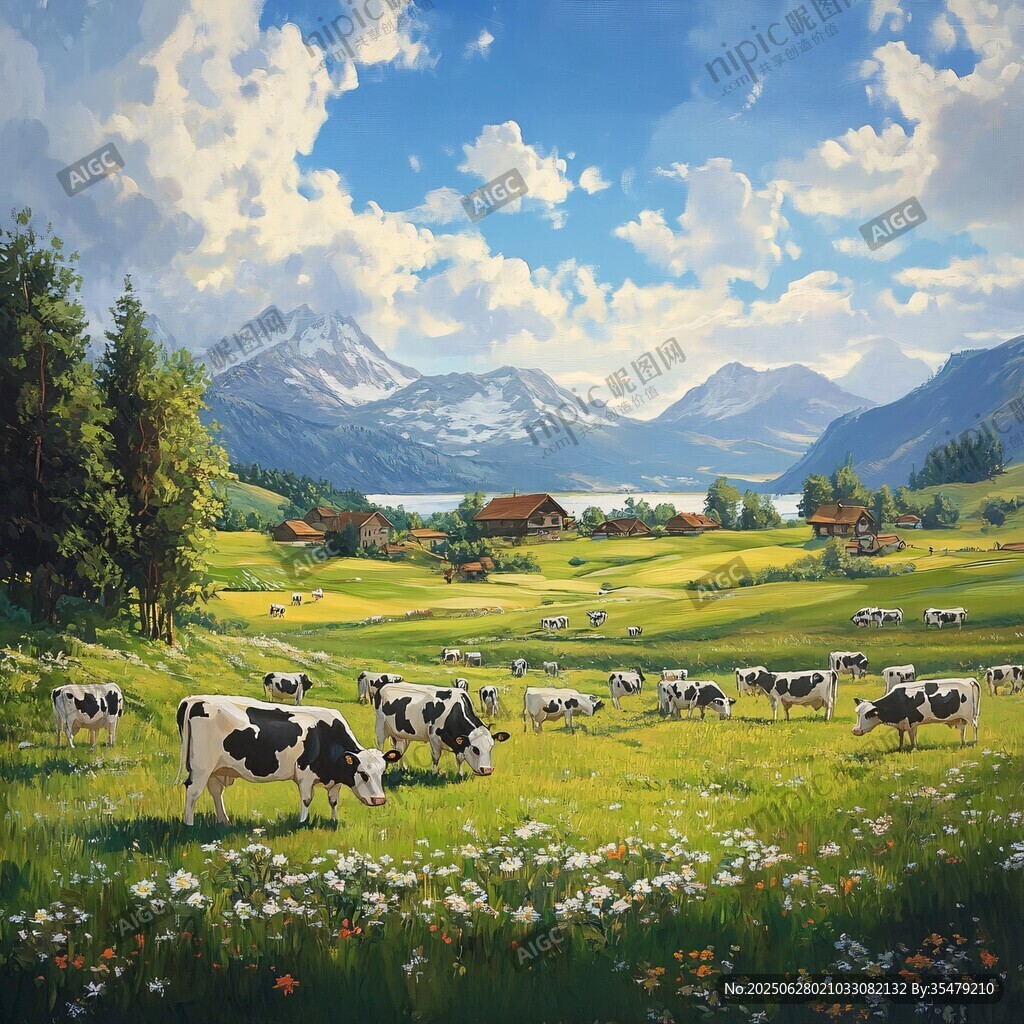 田园牧歌 奶牛与山间美景