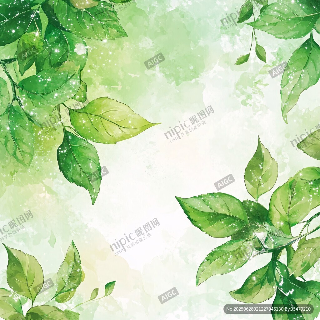 清新绿叶水彩背景图