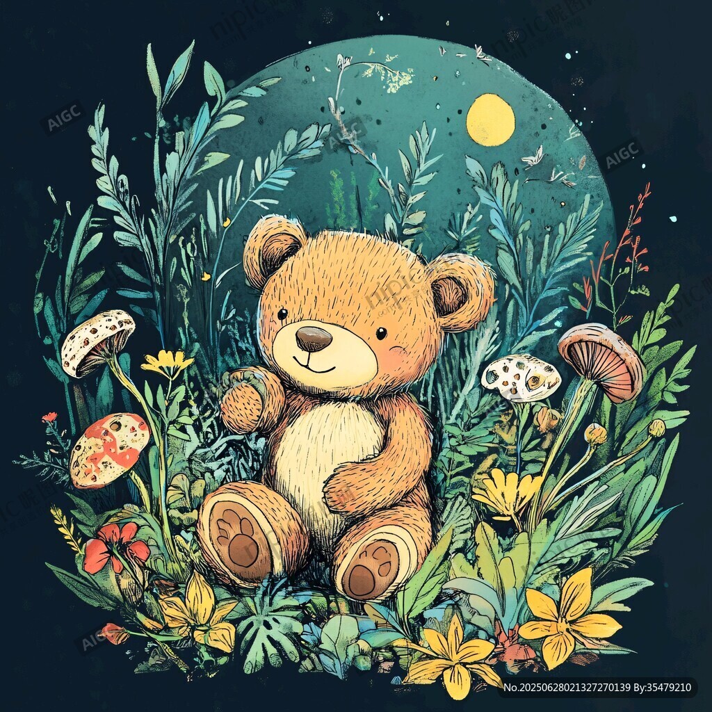 月夜下的小熊与花草蘑菇