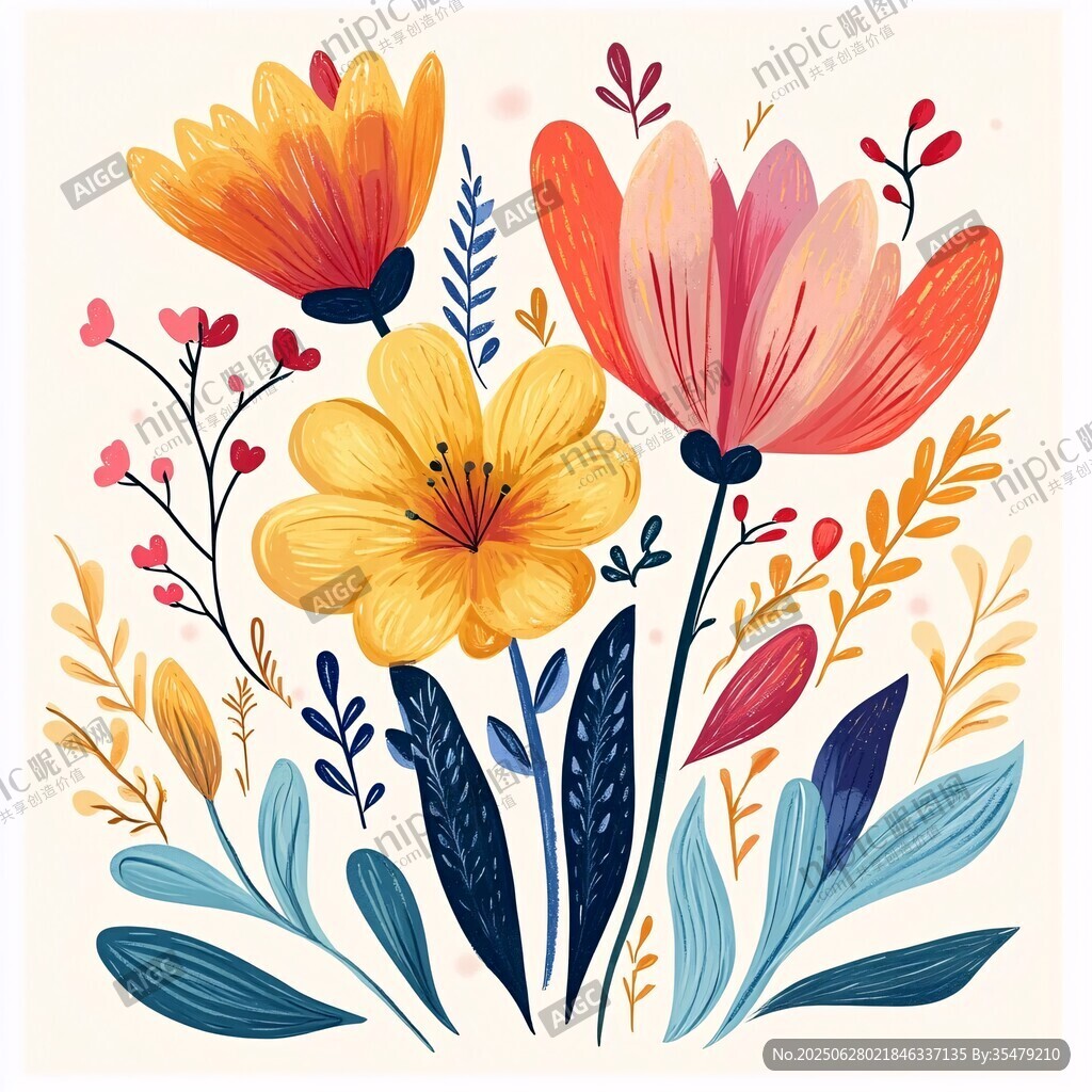 手绘多彩花卉插画