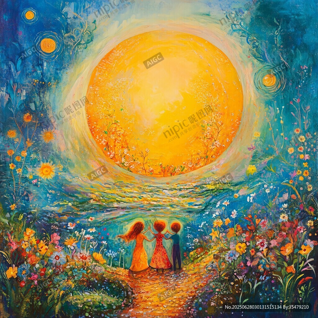 梦幻场景中孩童仰望大太阳