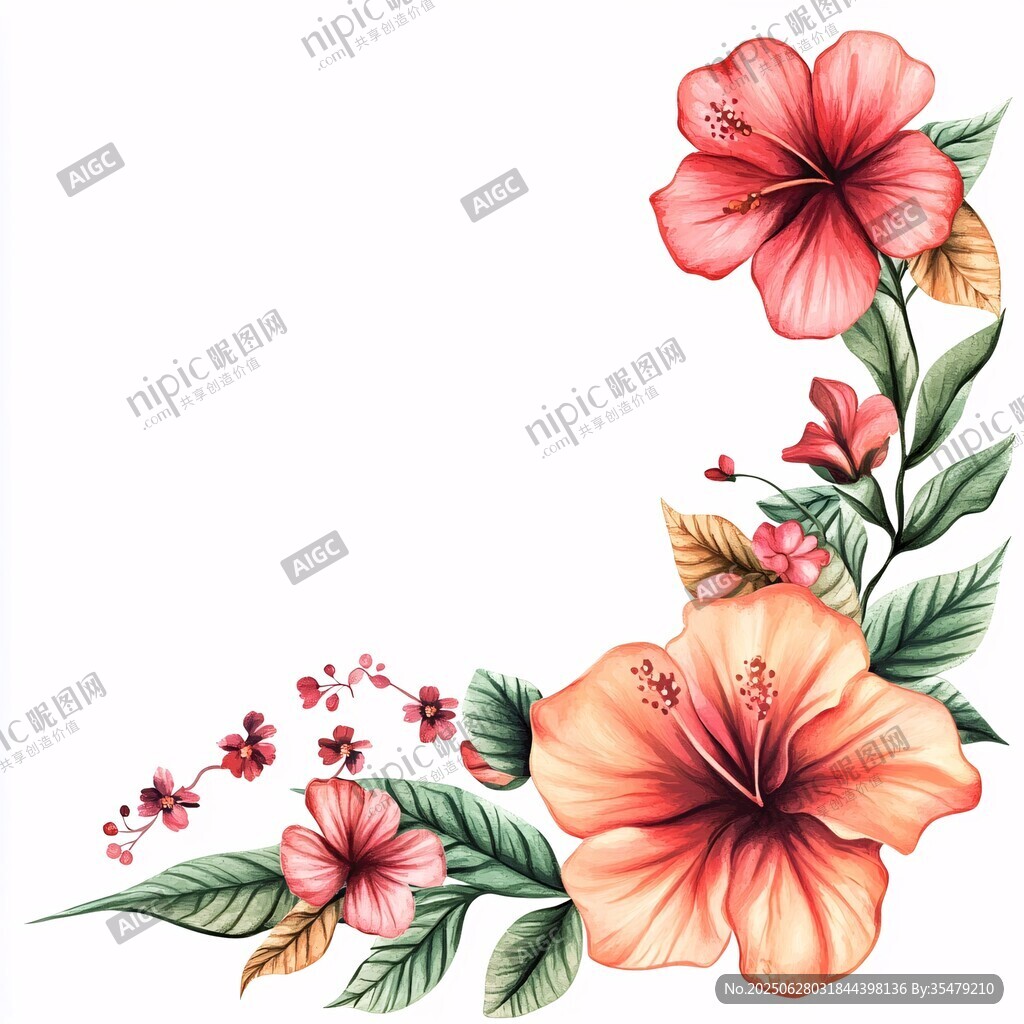 艳丽木槿花卉角落装饰图
