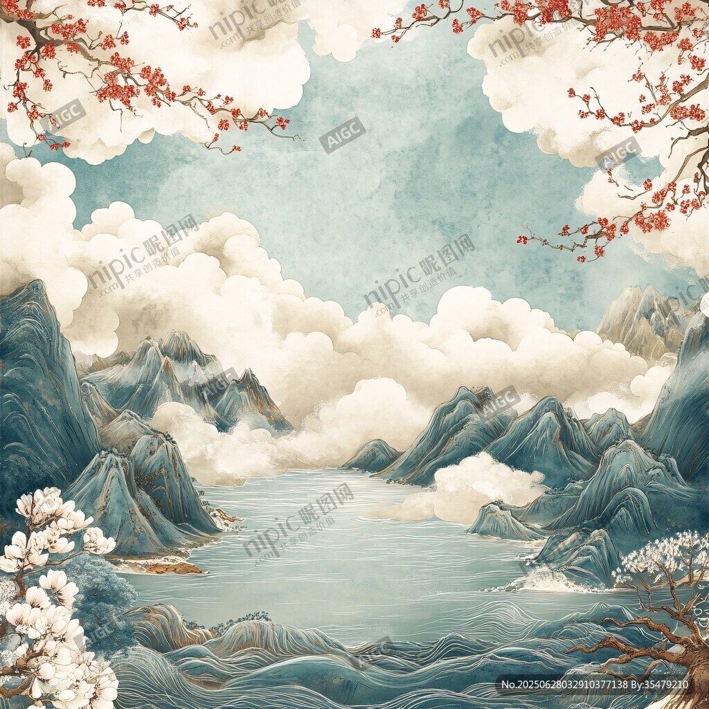 中式山水云海繁花美景图
