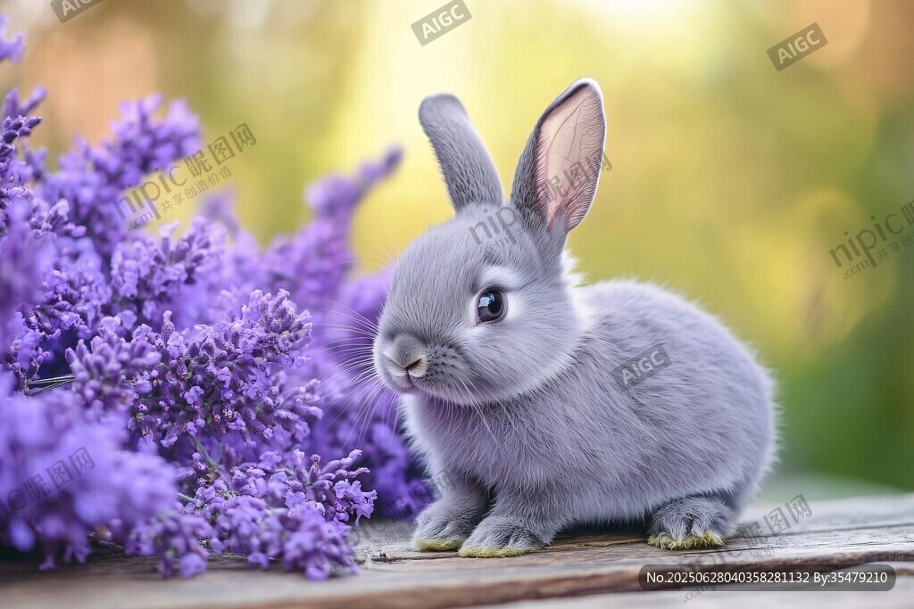 灰兔伴紫花的温馨画面