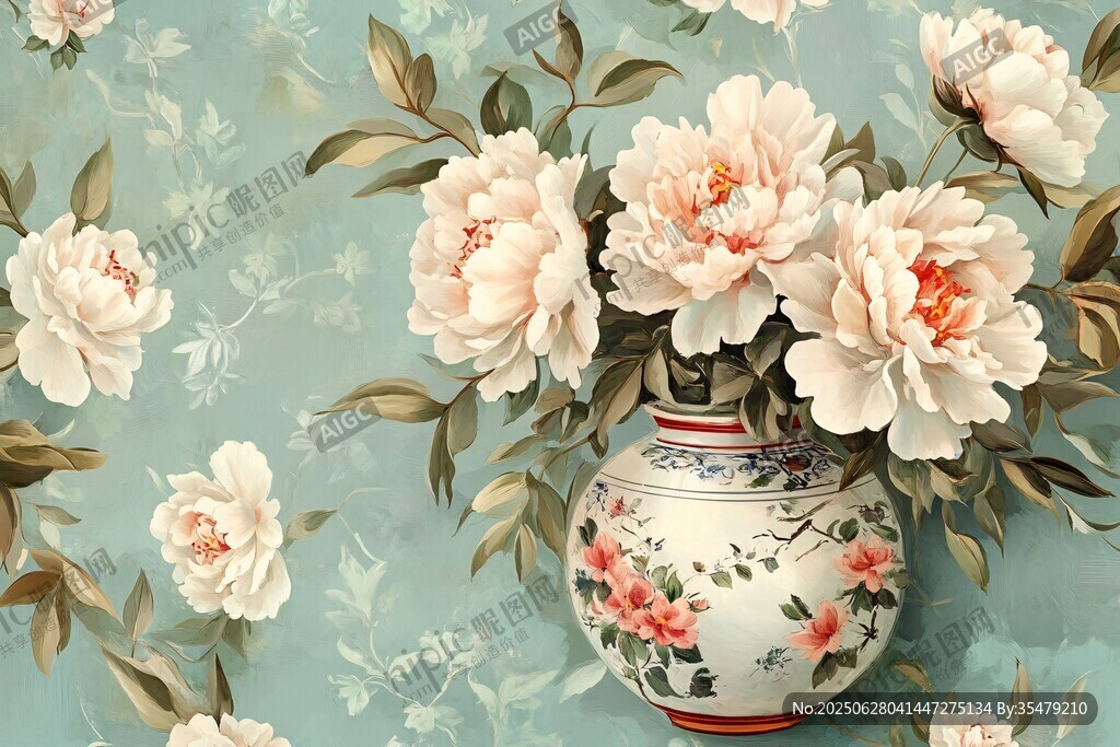 青花瓷瓶插牡丹花卉图