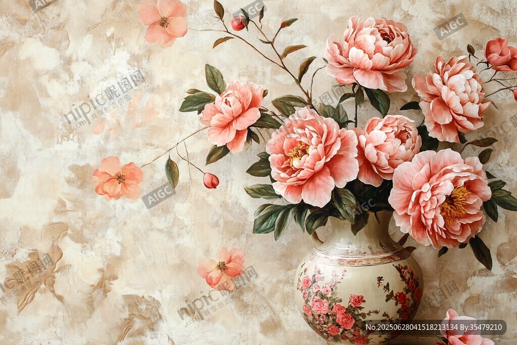 中式花瓶插满娇艳粉牡丹