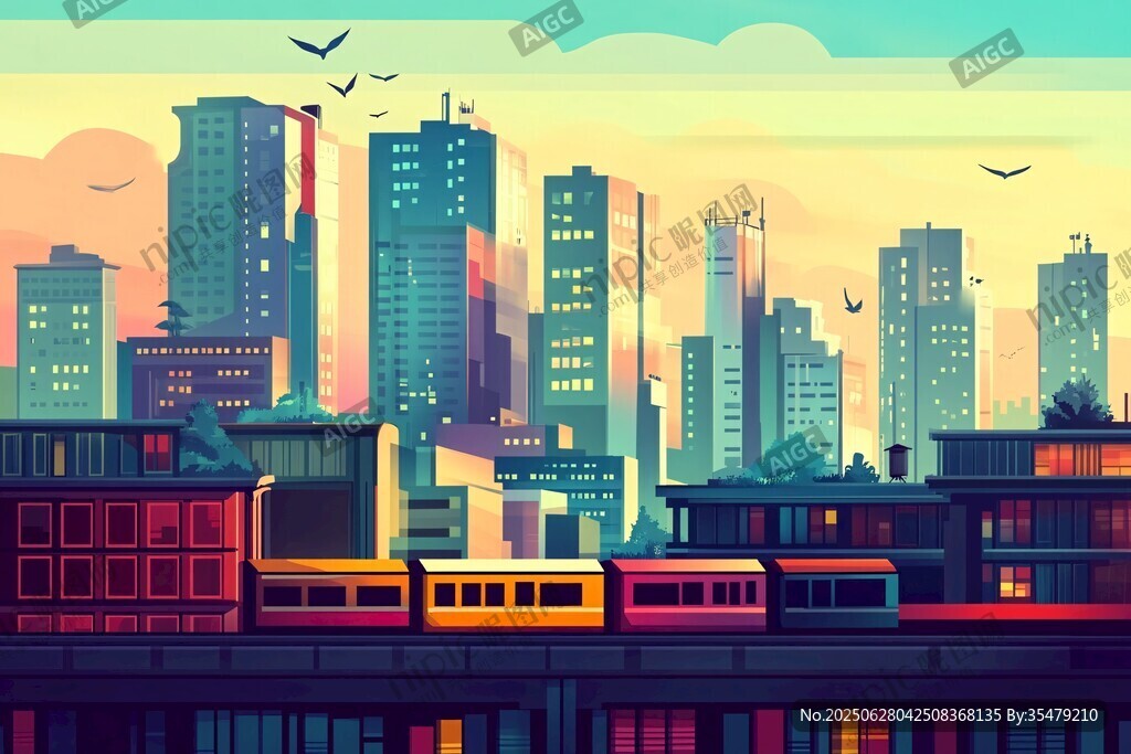 城市天际线与行驶中的列车