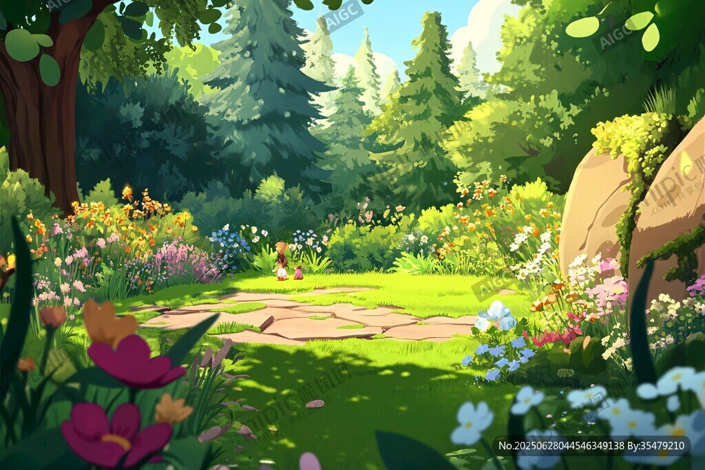梦幻森林中的多彩花草小径