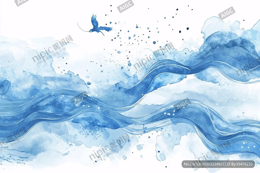 蓝色水墨风飞鸟海浪图