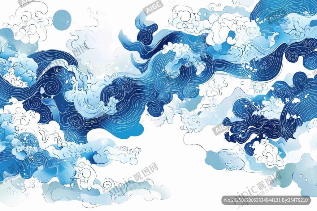 中式蓝白海浪祥云图案