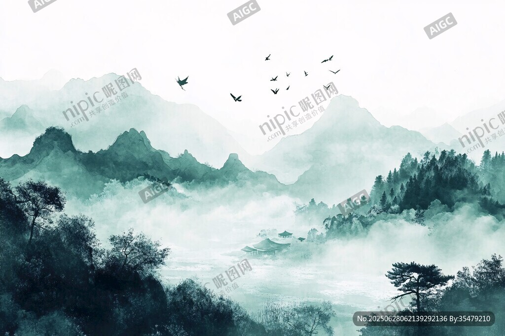 水墨山水间飞鸟翱翔图