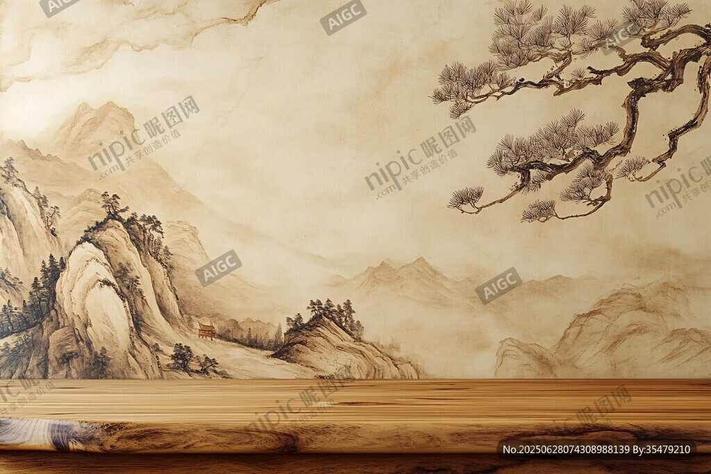 中式山水背景木质台面