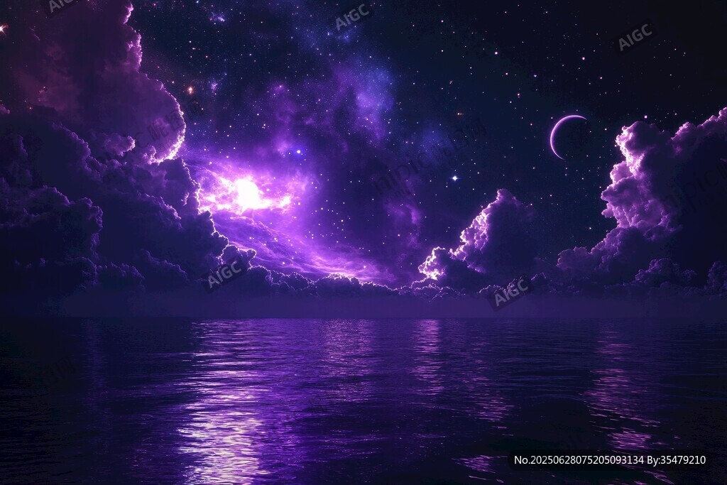 梦幻紫调星空下的静谧海面