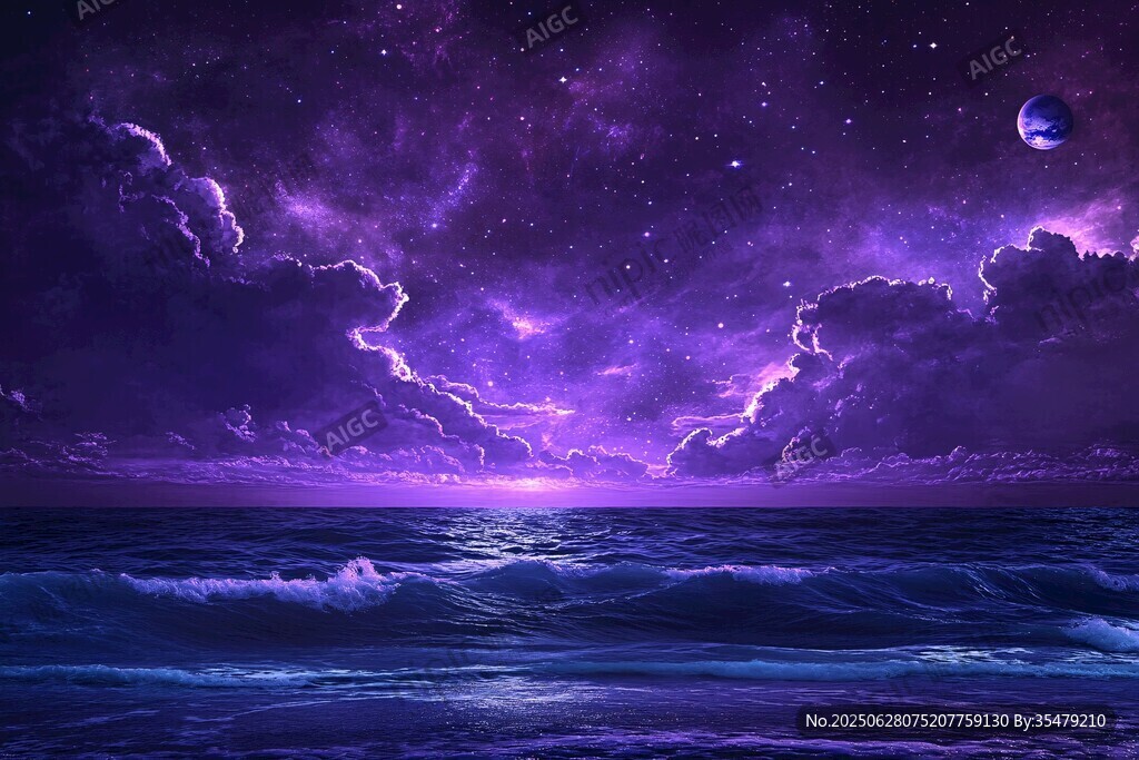 梦幻紫色星空下的浩瀚海洋