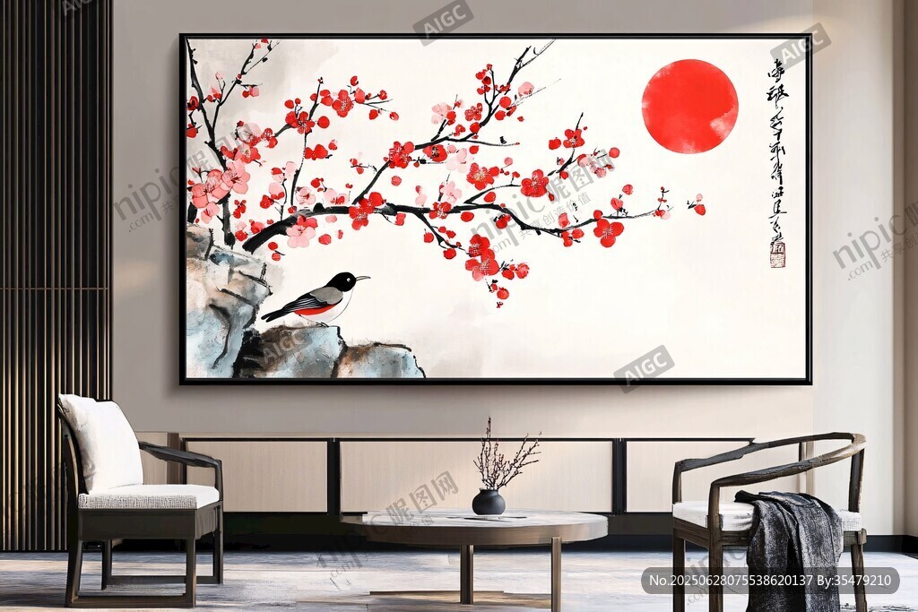 红梅瑞鸟图 中式客厅挂画
