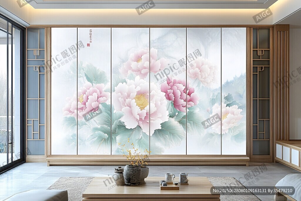 中式客厅牡丹背景墙装饰