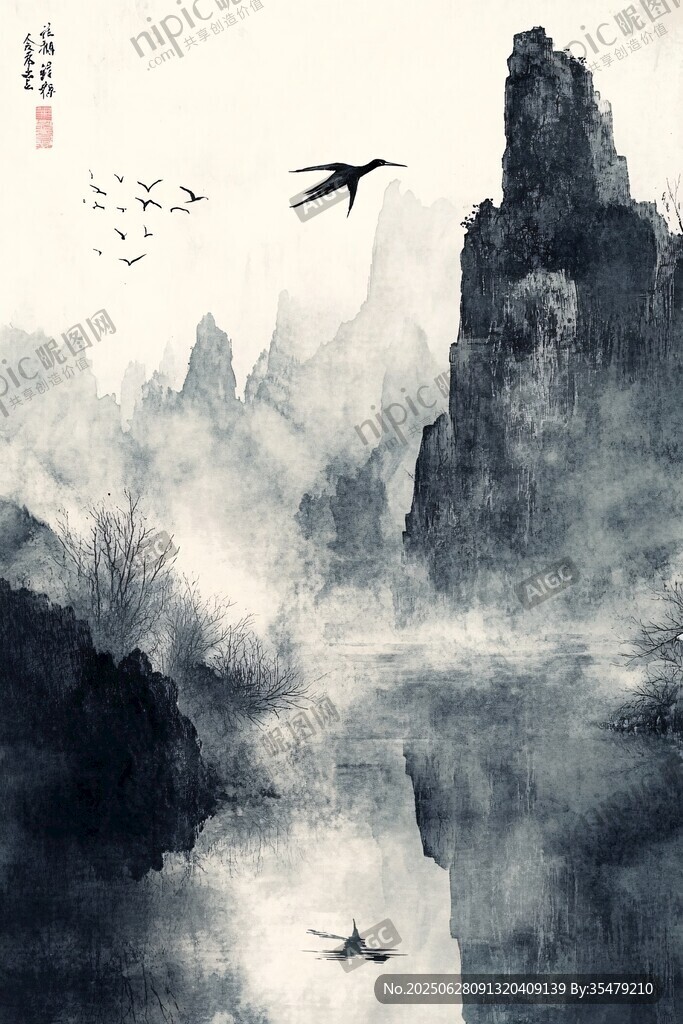 水墨山水间孤舟飞鸟之景