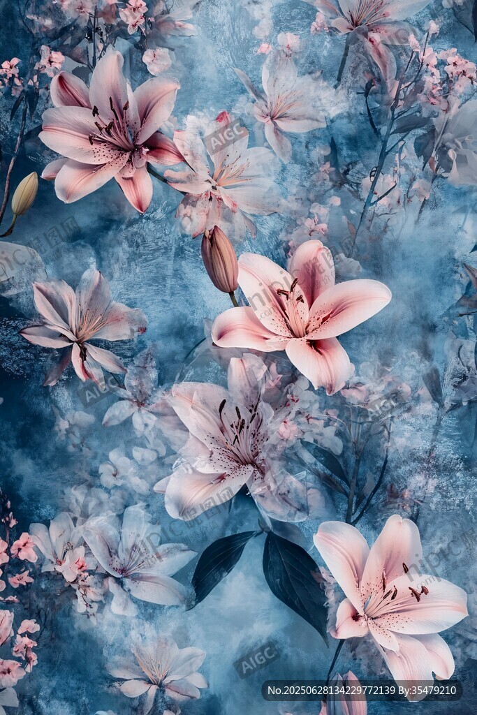 梦幻蓝底粉色花卉图案
